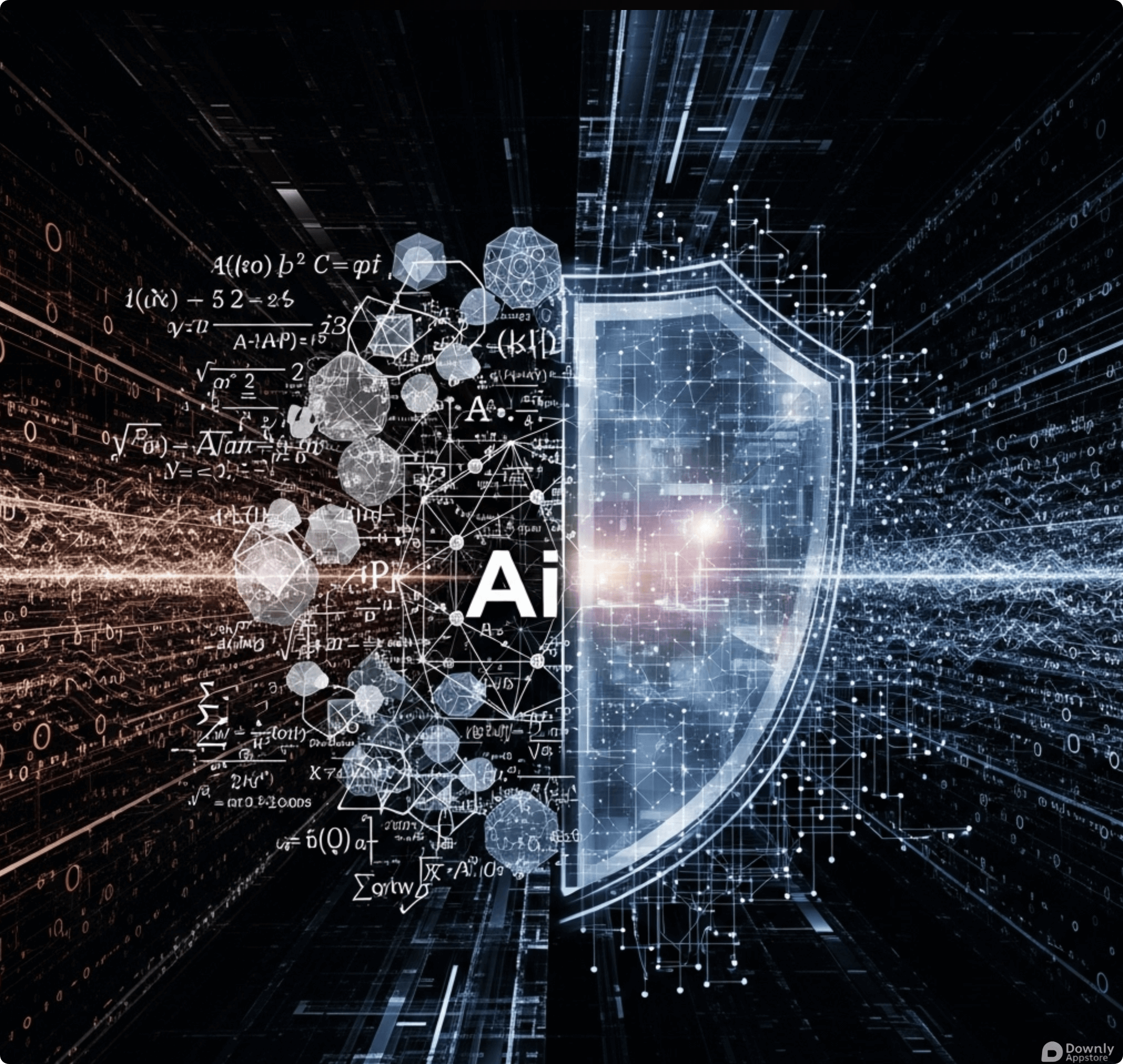 插图：一个充满神秘感的AI形象，一半是复杂的数学公式和几何图形，另一半是坚固的数字盾牌，背景是代码和数据流，象征着其兼具强大的推理能力和安全性。